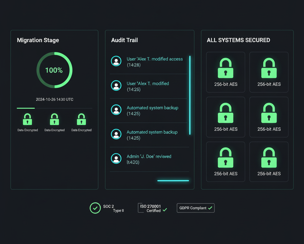 Compliance dashboard showing migration status, audit trail, and encryption verification with SOC 2, ISO 27001, and GDPR badges