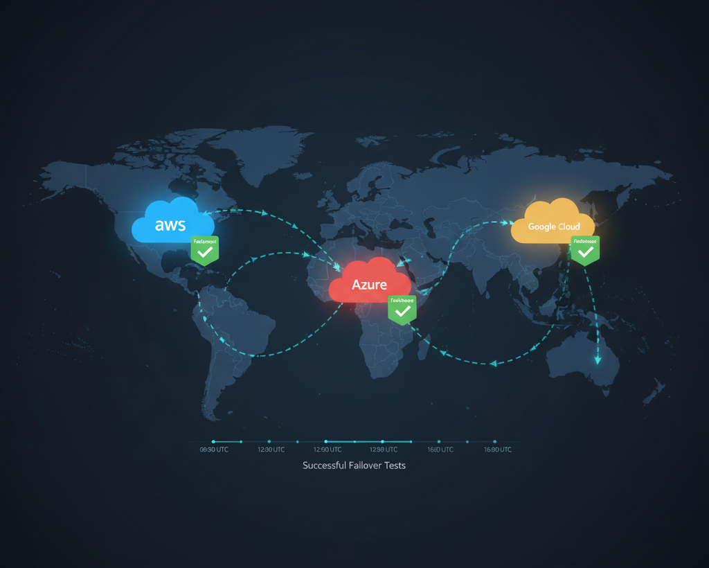 World map showing tested failover paths between AWS, Azure, and Google Cloud with verification checkmarks