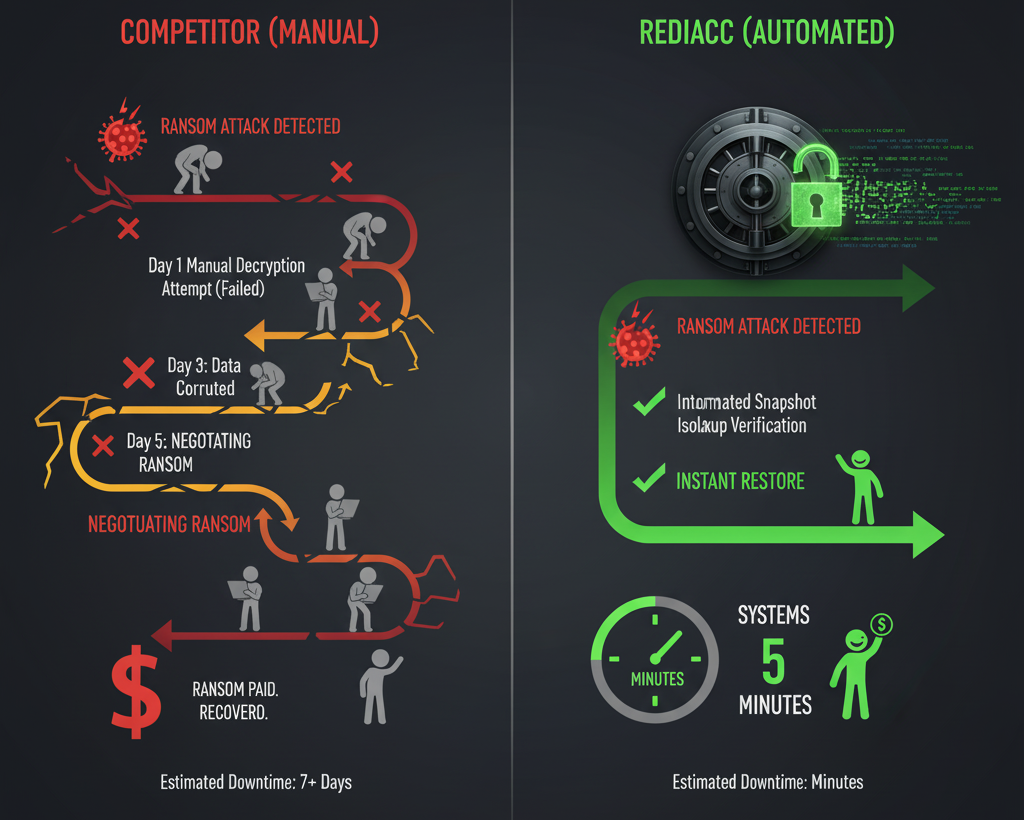 Side-by-side comparison showing manual vs automated ransomware recovery timelines