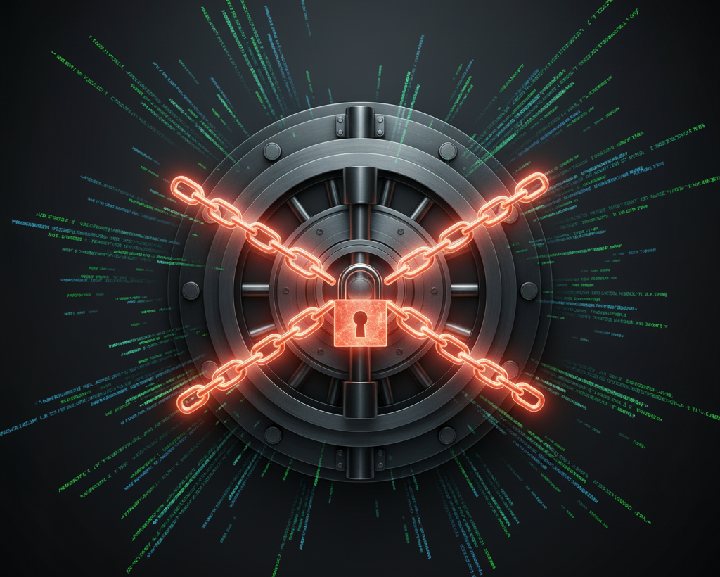 Impenetrable vault with glowing locked chains representing immutable ransomware protection