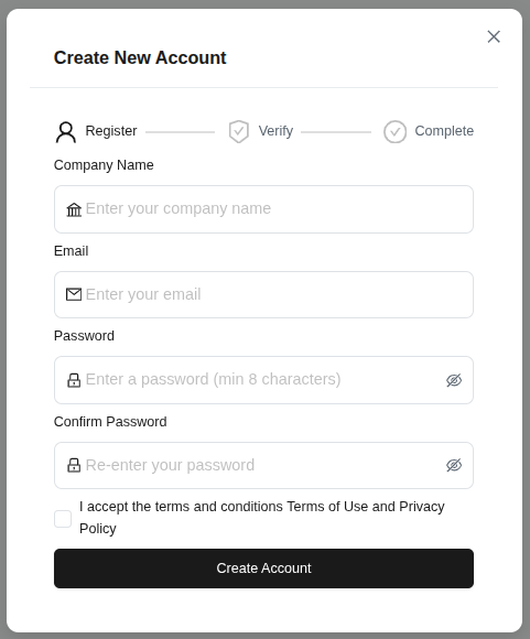 Модальное окно создания учетной записи - этапы регистрации, проверки и завершения