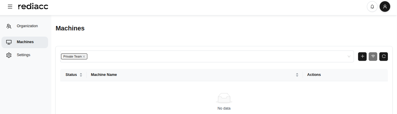 Панель управления Rediacc - список машин и боковое меню