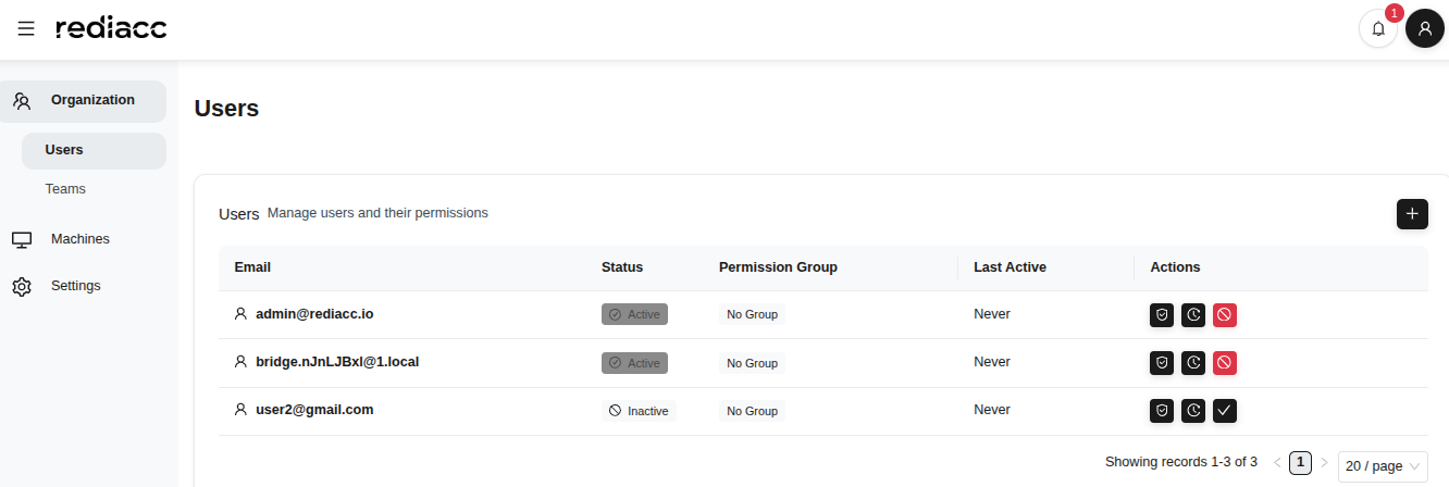 Список пользователей - полный табличный вид с тремя пользователями