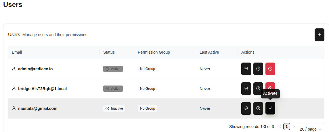 Активация пользователя - всплывающая подсказка "Активировать"
