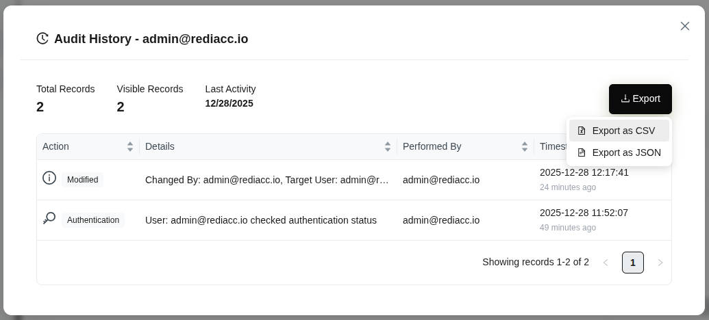 История аудита - Опции экспорта