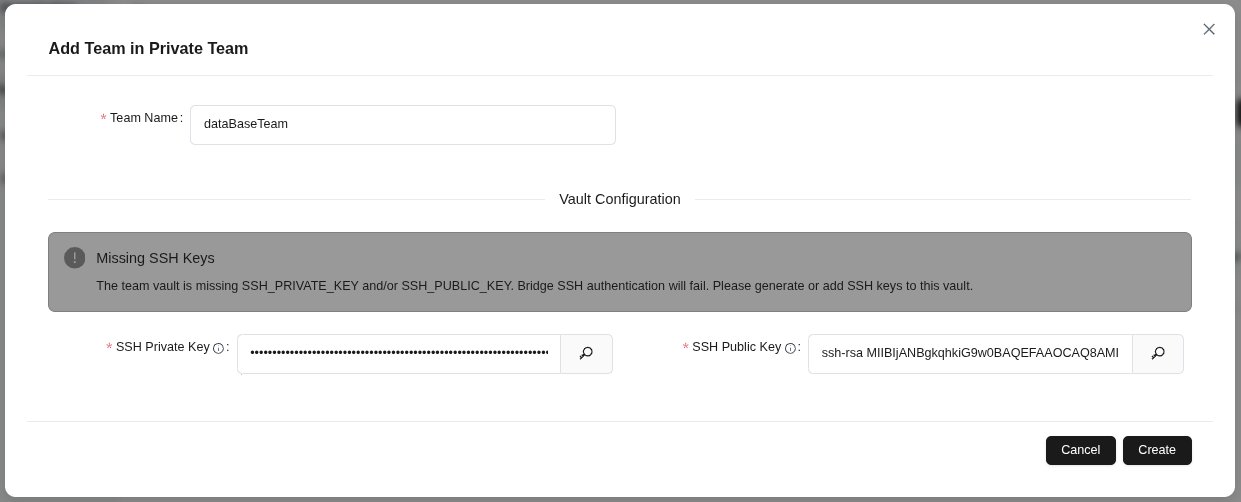 Форма создания новой команды - название команды и SSH-ключи