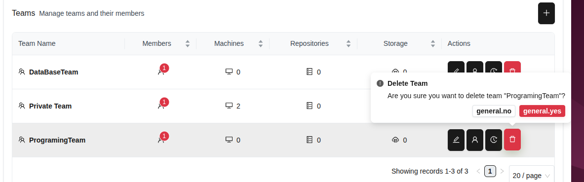 Диалоговое окно подтверждения удаления команды