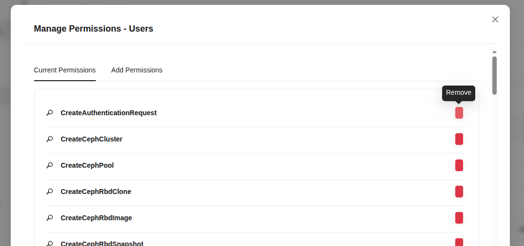 Панель управления разрешениями - список назначенных разрешений