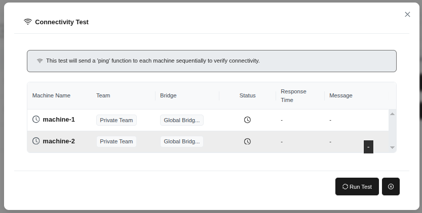 Форма теста подключения - список машин