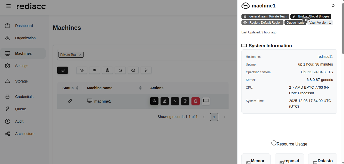 Панель деталей машины - системная информация
