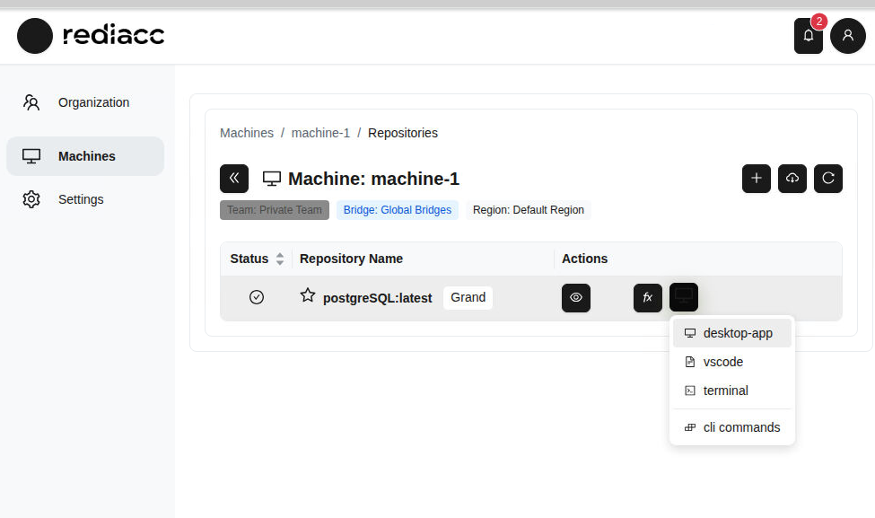 Меню опций подключения